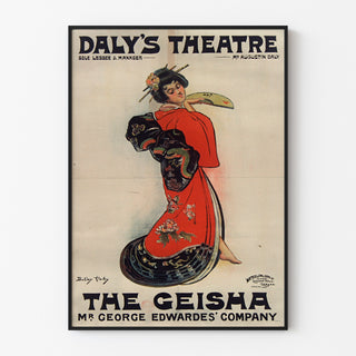 Vintage-juliste The Geisha, Daly’s Theatre, ohuessa kehyksessä vaalealla seinällä.