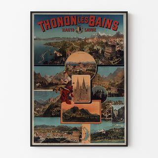 Vintagetyylinen Thonon-les-Bains -juliste, ohutkehyksessä vaalealla seinällä.