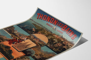 Vintagetyylinen Thonon-les-Bains -juliste, esitettynä kaartuvalla paperilla perspektiivistä nähtynä.