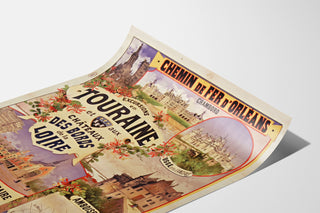 Vintage-juliste Touraine, Loiren linnoja, esitetty kaarevalla paperilla, perspektiivinäkymä.