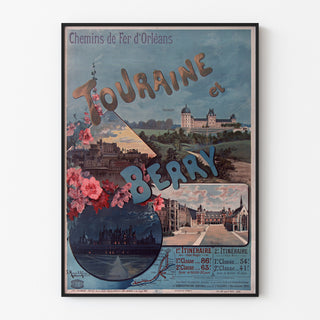 Vintage-juliste Touraine ja Berry, linnat, esitetty ohuessa kehyksessä vaalealla seinällä.