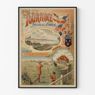 Vintage-juliste Touraine, Ranskan puutarha, esitetty ohuessa kehyksessä vaalealla seinällä.