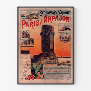 Vintage-juliste Tramway Paris–Arpajon, ohuessa kehyksessä vaalealla seinällä.