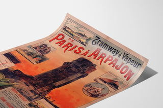 Vintage-juliste Tramway Paris–Arpajon, esitetty kaartuvalla paperilla perspektiivissä.
