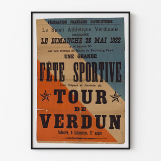 Vintage-juliste Verdun, urheilujuhla, ohut kehys vaalealla seinällä.