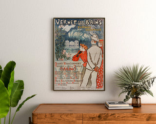Vintageseinäjuliste Vernet-les-Bains, Canigou, kehystetty puulaatikon yläpuolelle kasvien väliin.
