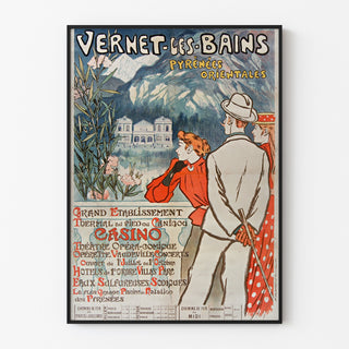 Vintageseinäjuliste Vernet-les-Bains, Canigou, esitetty ohuessa kehyksessä vaalealla seinällä.