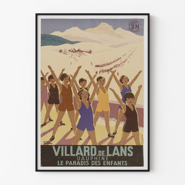 Vintage-juliste Villard-de-Lans, SNCF, esitetty ohuessa kehyksessä vaalealla seinällä.