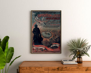 Vintage-juliste Vincennes, rautatiejuhlavuosi, kehystettynä puupöydän yläpuolella kasvien välissä.