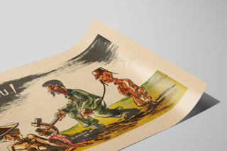 Satirinen vintagejuliste: sotilas-karikatyyri ja hallinnan kohtaus — näkymä teoksesta