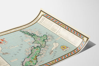 Vanha Uuden-Seelannin kartta – MacDonald Gill, 1931, esitetty kaartuvalla paperilla perspektiivissä.