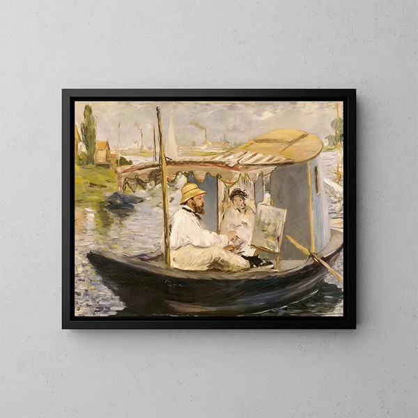 Claude Monet maalaamassa vene-ateljeessaan - Édouard Manet — kehystetty taideteos seinällä