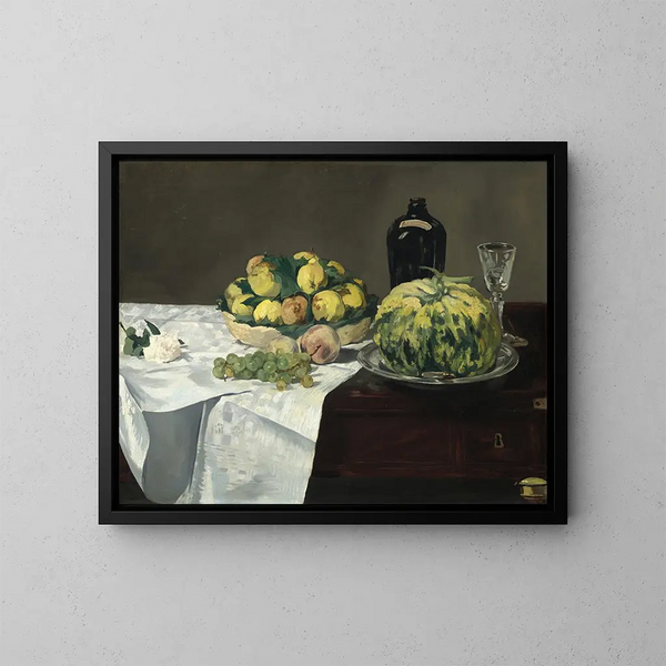 luonnonkuvaus meloneineen ja persikoineen - Édouard Manet — kehystetty taideteos seinällä