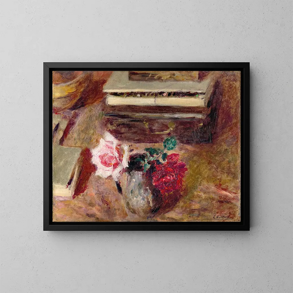 Kaksi ruusua ja pastellilaatikko - Édouard Vuillard — kehystetty taideteos seinällä