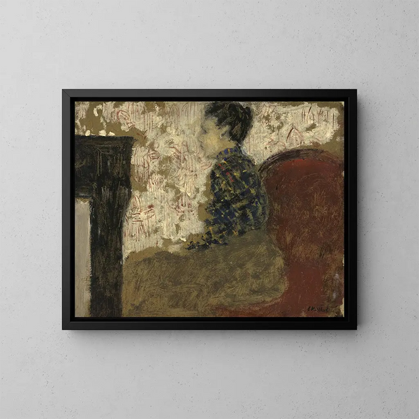 Nainen istuu tulisijan nurkassa - Édouard Vuillard — kehystetty taideteos seinällä