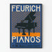 Vintage juliste Feurich -pianot, jossa flyygelimainen pianomotiv.