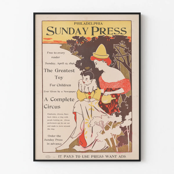 Vintage Philadelphia Sunnuntai Press 1896 - Lasten sirkusjuliste