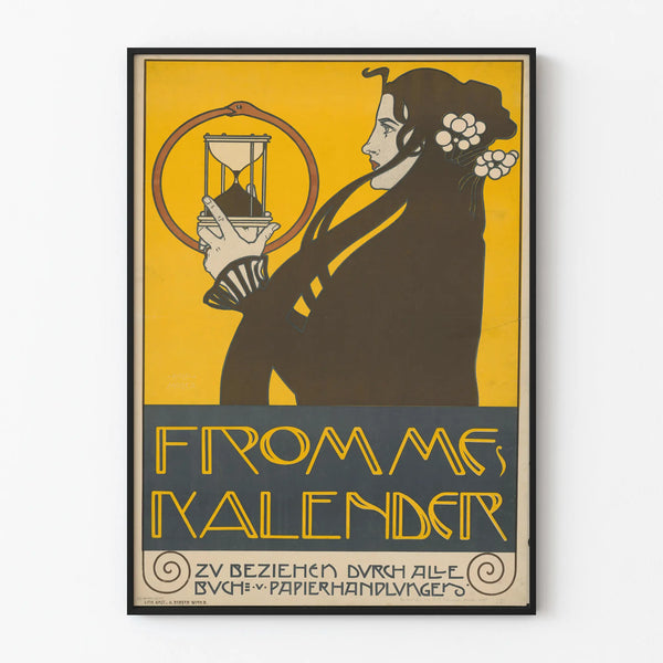 koristeellinen Art Nouveau -juliste naisesta ja tiimalasista