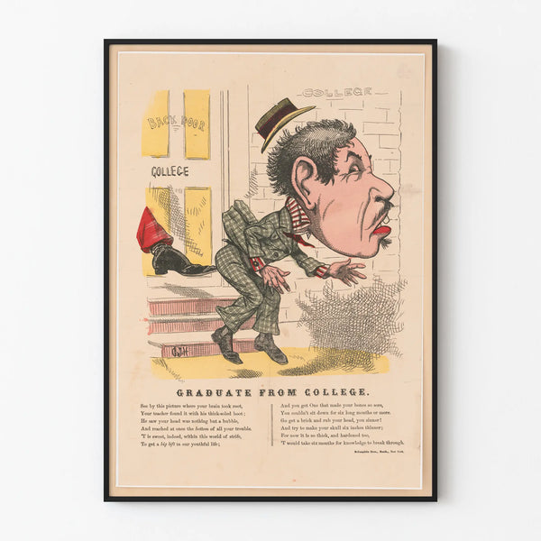 Vintage-karikatyyri yliopistosta valmistuneesta julisteesta