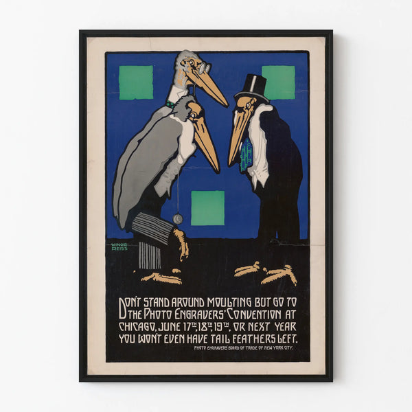 Vintage juliste konventti kaivertajien valokuvista Chicagossa, jossa karikatyyrimaiset haikarat