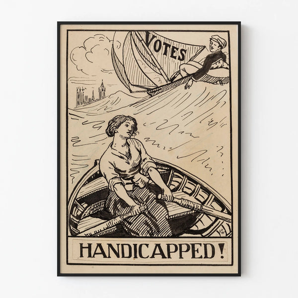Vintage mustavalkoinen juliste, jossa on kuva laivasta ja soutava nainen