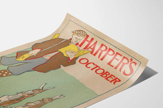 Vintage Harper's lokakuun juliste, jossa jäniksiä ja lukija-illustraatio