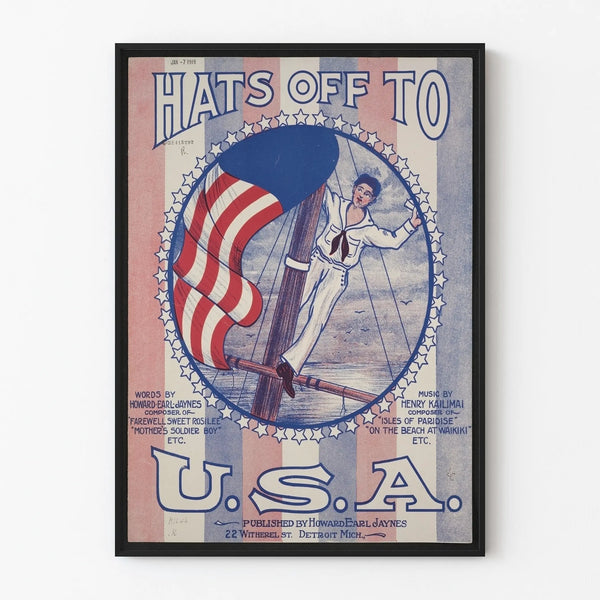 Amerikkalainen patriotinen vintagejuliste merimiehellä ja Yhdysvaltain lipulla