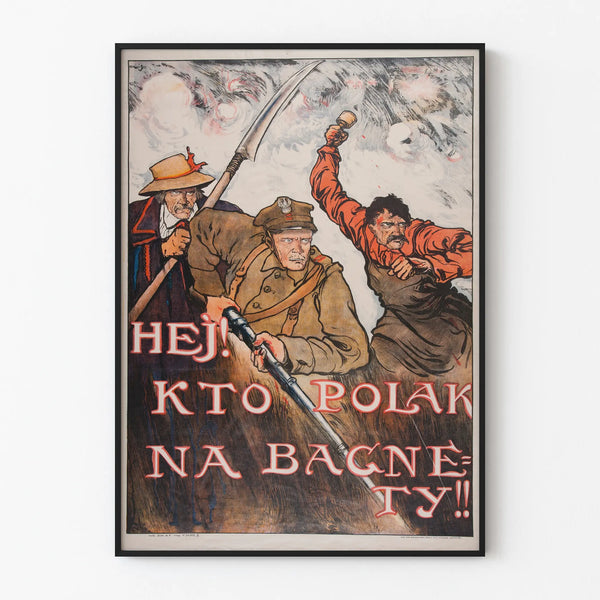 Puolalaisen historiallisesti tyyliin propagandajuliste taisteluissa olevista sotilaista
