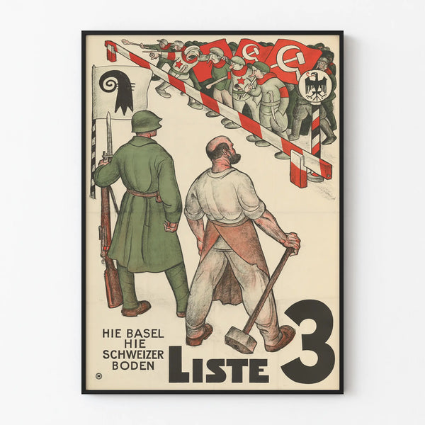 Vintage poliittinen juliste Sveitsi lista 3 Hie Basel Hie Schweizer Boden