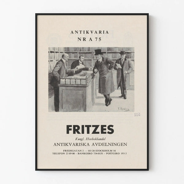 Vintagemainos vanhasta kirjakaupasta - Kirjan ja asiakkaiden kohtaus