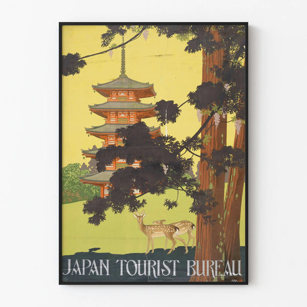 Vintage japanilainen pagodijuliste ja peurat - Seinäsisustus Japan