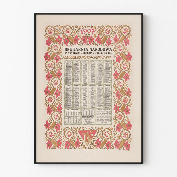 Juliste Kalenteri 1907-tyyli Vintage kukkakoristeella