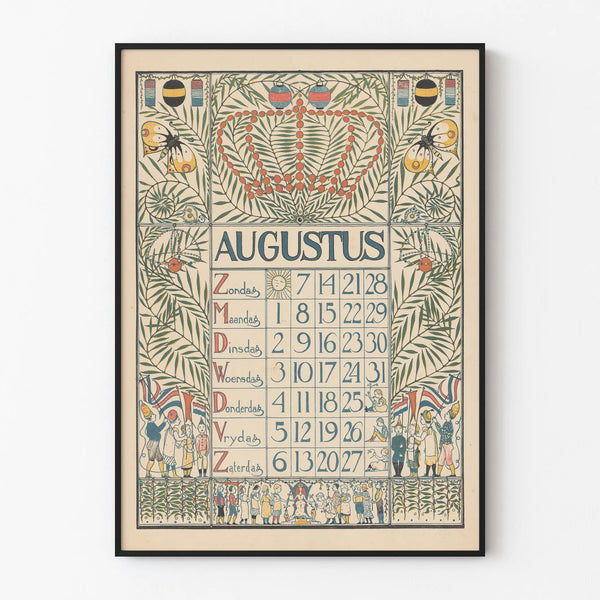 Juliste Kalenteri elokuu 1898 - Vintage-seinäkoristelu