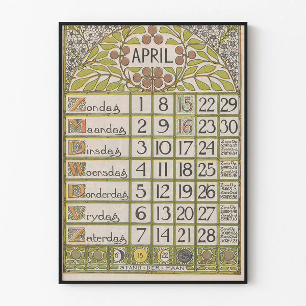 Juliste Kalenteri huhtikuu 1900 Art nouveau -tyyli