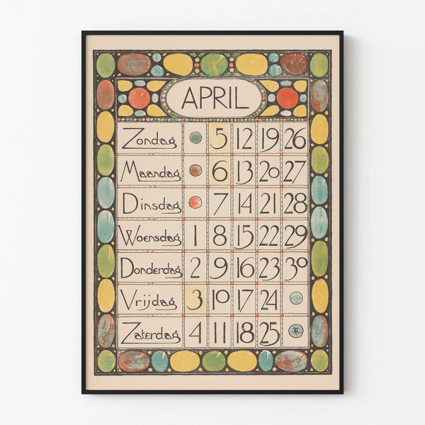 Vintage juliste huhtikuu 1896 kalenteri art nouveau -tyylinen