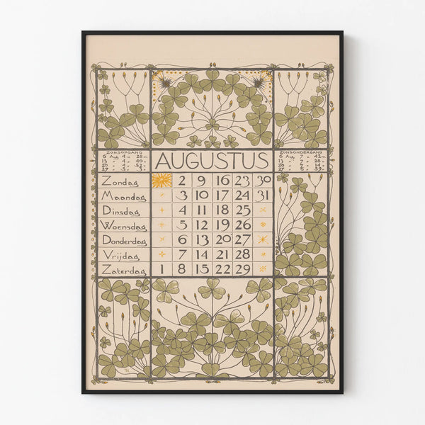 Juliste Kalenteri elokuu 1896 Art nouveau -tyyli