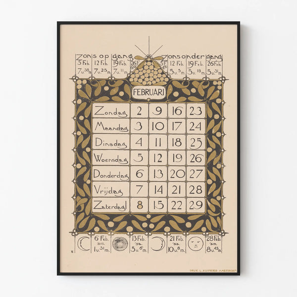 Juliste Helmikuun 1896 kalenteri - Vintage seinäkoristelu