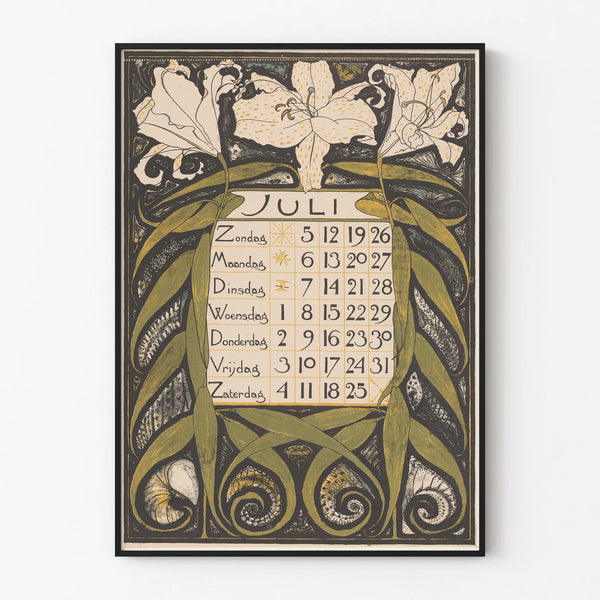 Seinäkalenteri juliste heinäkuu 1896 art nouveau -tyylinen