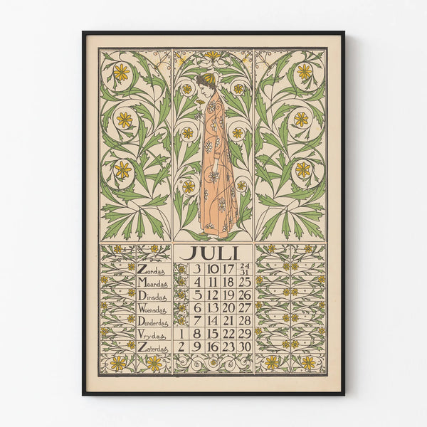 Juliste Art Nouveau kalenteri heinäkuu 1898 seinäkoriste kukkainen