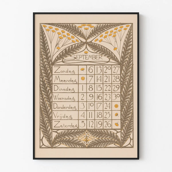 Vintage-seinäkalenteri syyskuu 1896 juliste sisustukseen