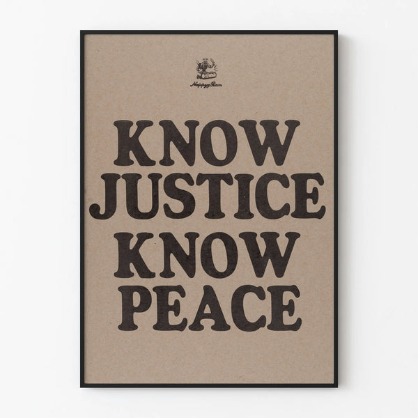 Seinäkoristejuliste Know Justice Know Peace vintage-tyylisessä typografiassa