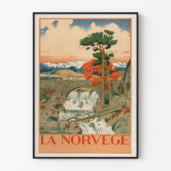 Vintage seinäkoristejuliste Norjan vesiputouksesta ja junasta