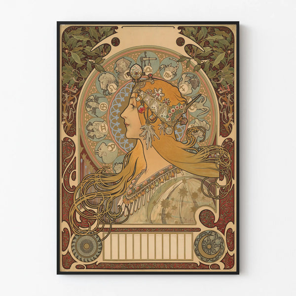 Koristejuliste Art Nouveau nainen ja astrologiset merkit