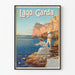 Vintage juliste Garda-järvi kalastuksesta veden äärellä