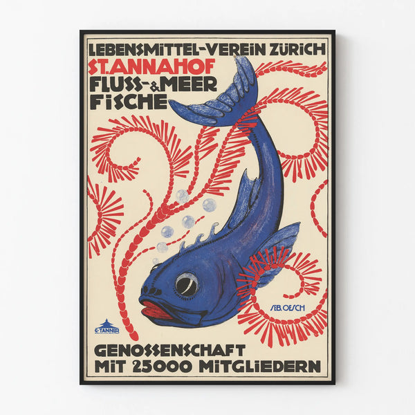 Vintage sininen kala ja punaiset levät juliste seinäkoristeeksi