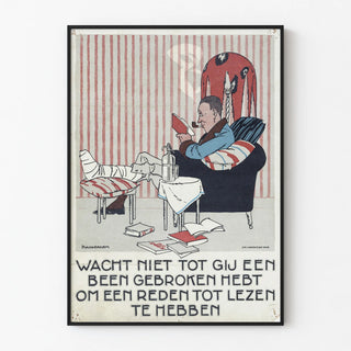 lezende-man-met-gebroken-been-in-een-leunstoel