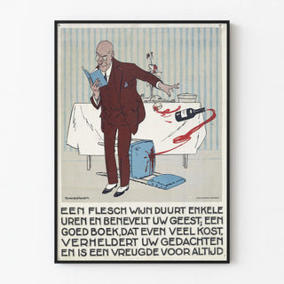 lezende-man-stoot-per-ongeluk-een-fles-en-glas-wijn-van-tafel