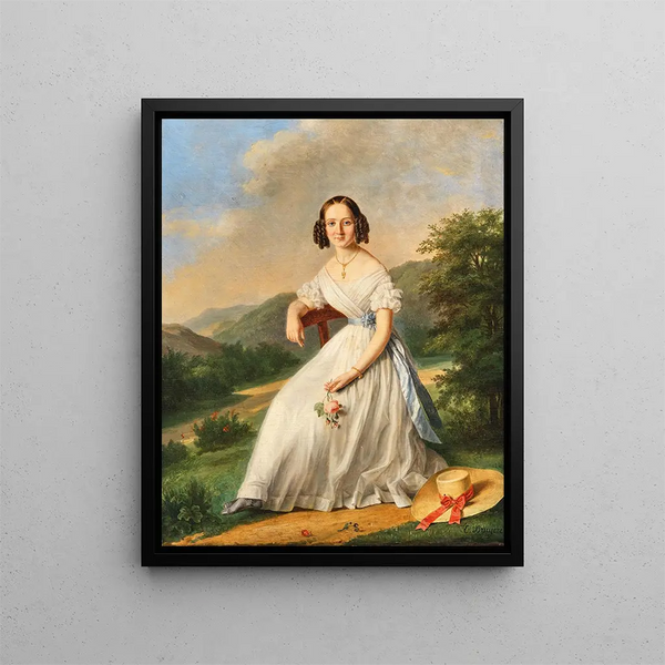 lise Bruyre - An elegant lady with Florentine hat in a landscape.webp