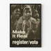 Vintagemainen juliste kehottaen rekisteröitymiseen ja äänestämiseen