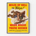 Vintage sotilasteksti "Miles of Hell to Tokyo" juliste